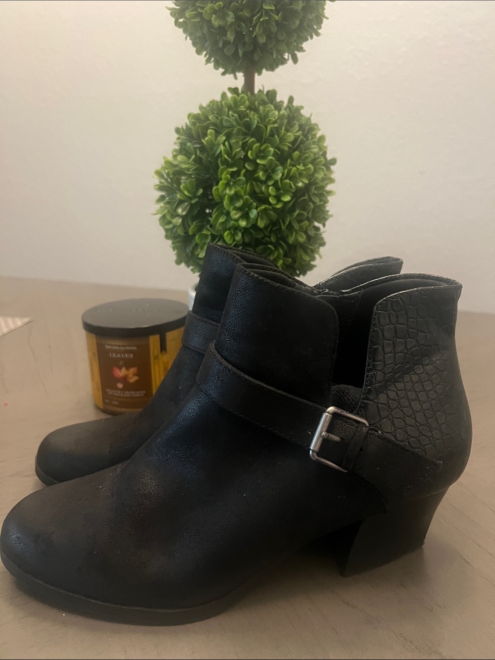 BareTraps Black Ankle Booties with Textured Heel and Buckle